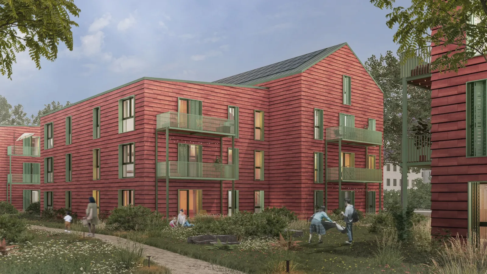 Visualisierung des MorellenQuartiers in Holzbauweise.