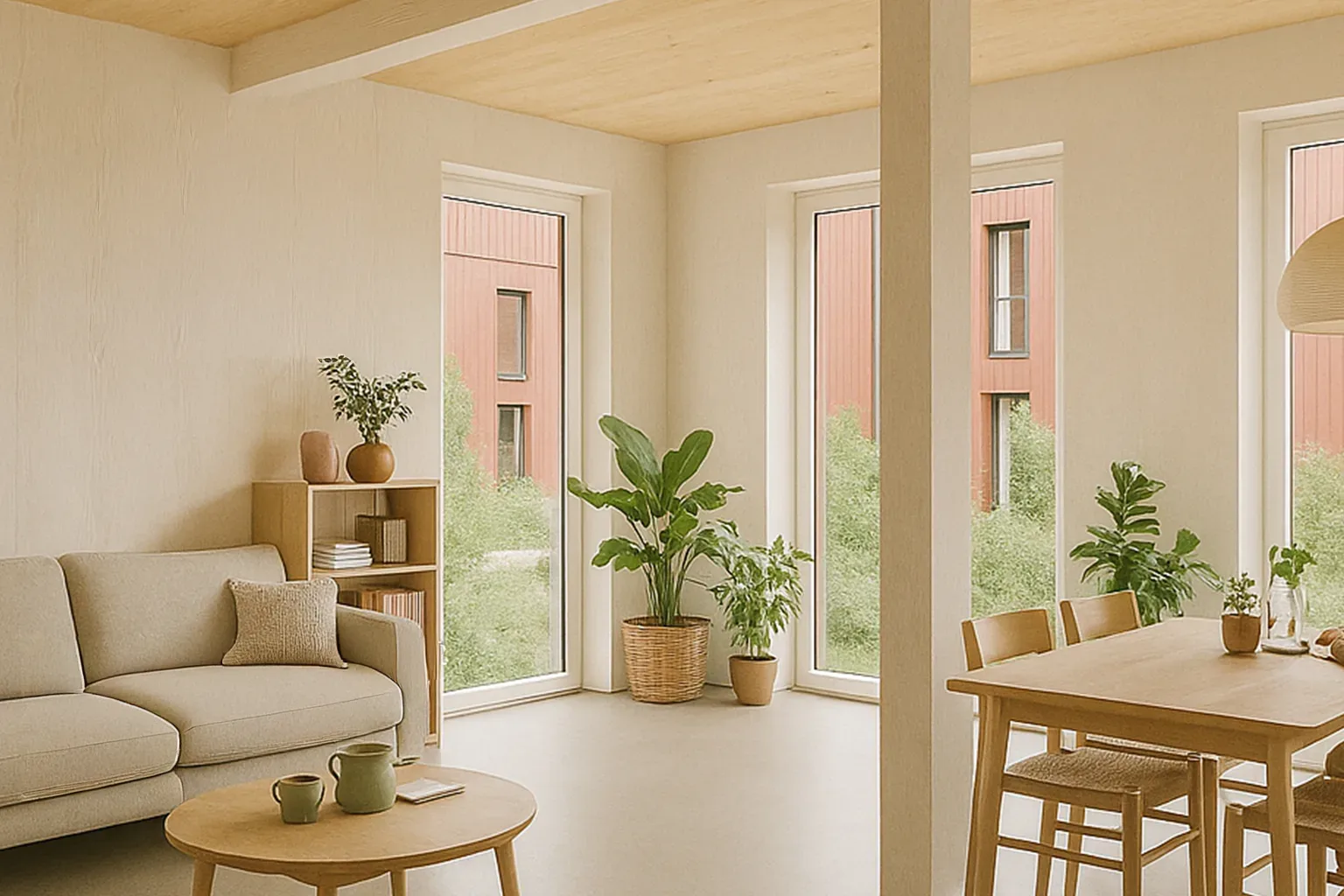 Visualisierung eines Wohnraums mit Holzdecke, Holzstütze, bodentiefen Fenstern und Essplatz